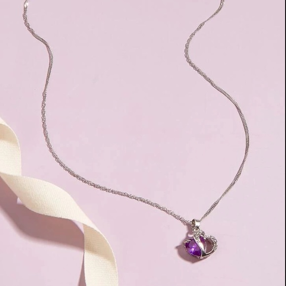 Double Heart Purple Jewel Crystal Bling & Silver Heart Charm Pendant Necklace - Picture 3 of 4